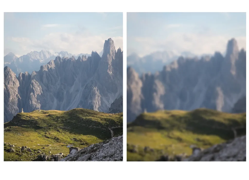 Zwei unterschiedlich scharfe Fotos von Bergen mit einer grünen Wiese im Hintergrund, um den Unterschied einer Kurzsichtigkeit optisch darzustellen